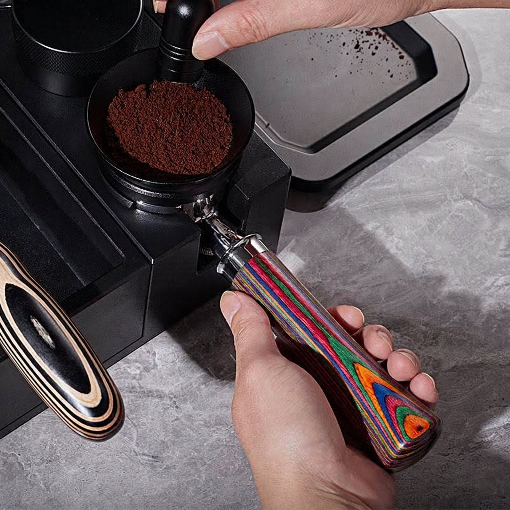 IKAPE naked portafilter with an open base and rainbow wood grip