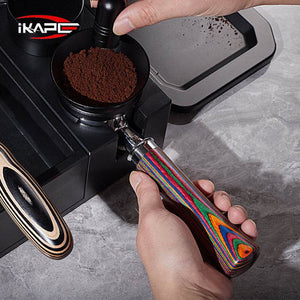 IKAPE Rainbow Wood Handle bottomless espresso portafilter with stainless steel and aurora wood grip