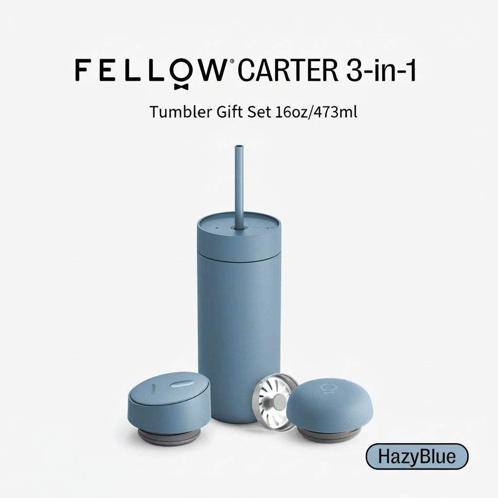 Fellow Carter 3-in-1 Insulated Tumbler Gift Set with three interchangeable lids and ceramic coating, 16oz capacity