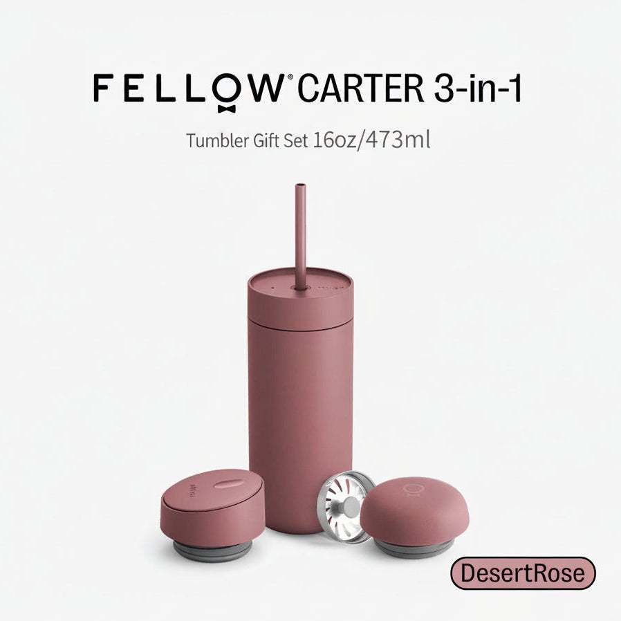 Fellow Carter 3-in-1 insulated tumbler gift set with three interchangeable lids and 16oz capacity