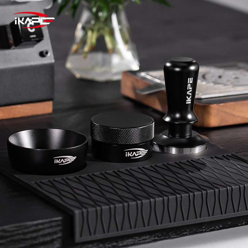 IKAPE Adaptive Gravity espresso coffee distributor tool with adjustable stainless steel base and ergonomic aluminum grip for even coffee grounds distribution