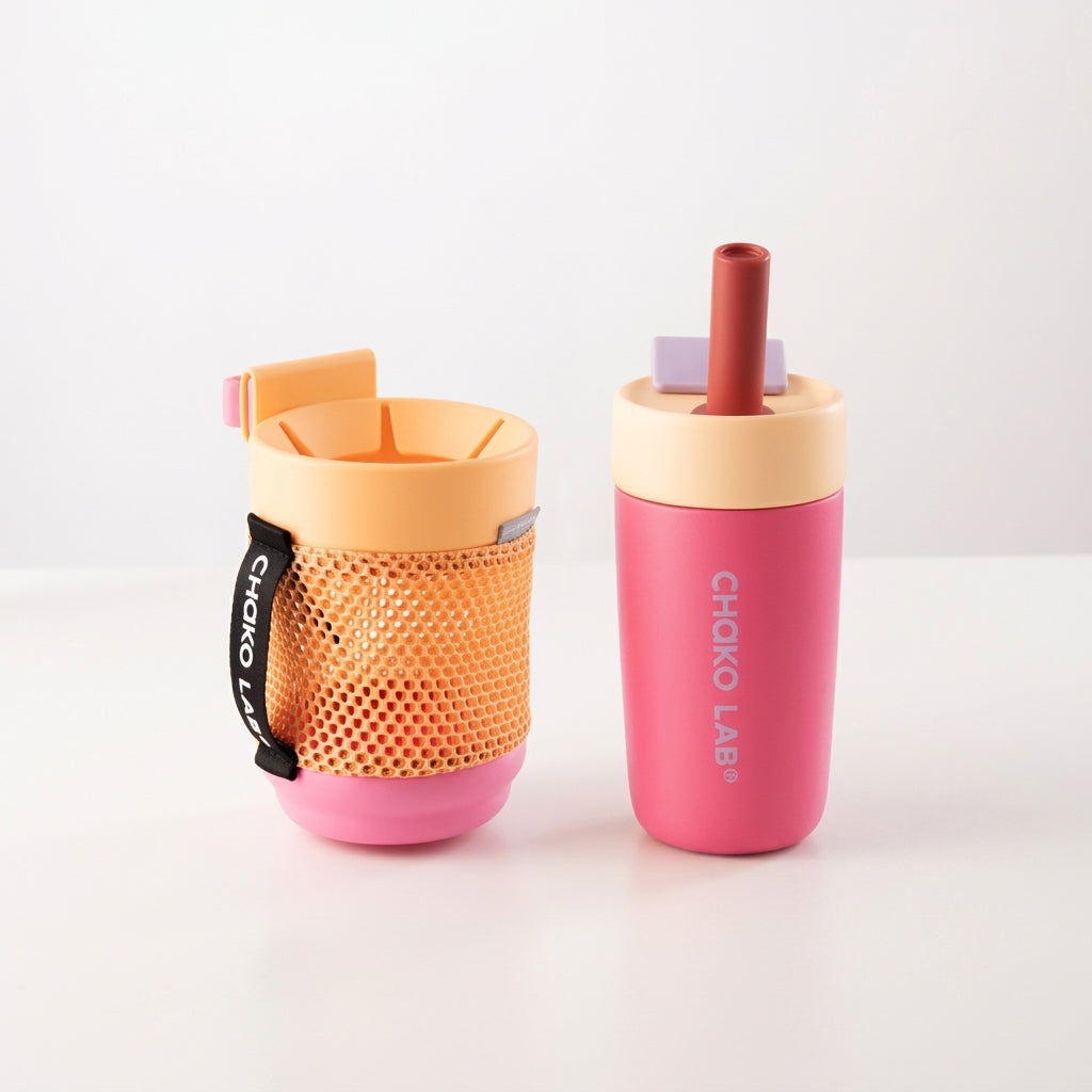 CHaKOLAB Berry pink tumbler with orange mesh carrying pouch and strap