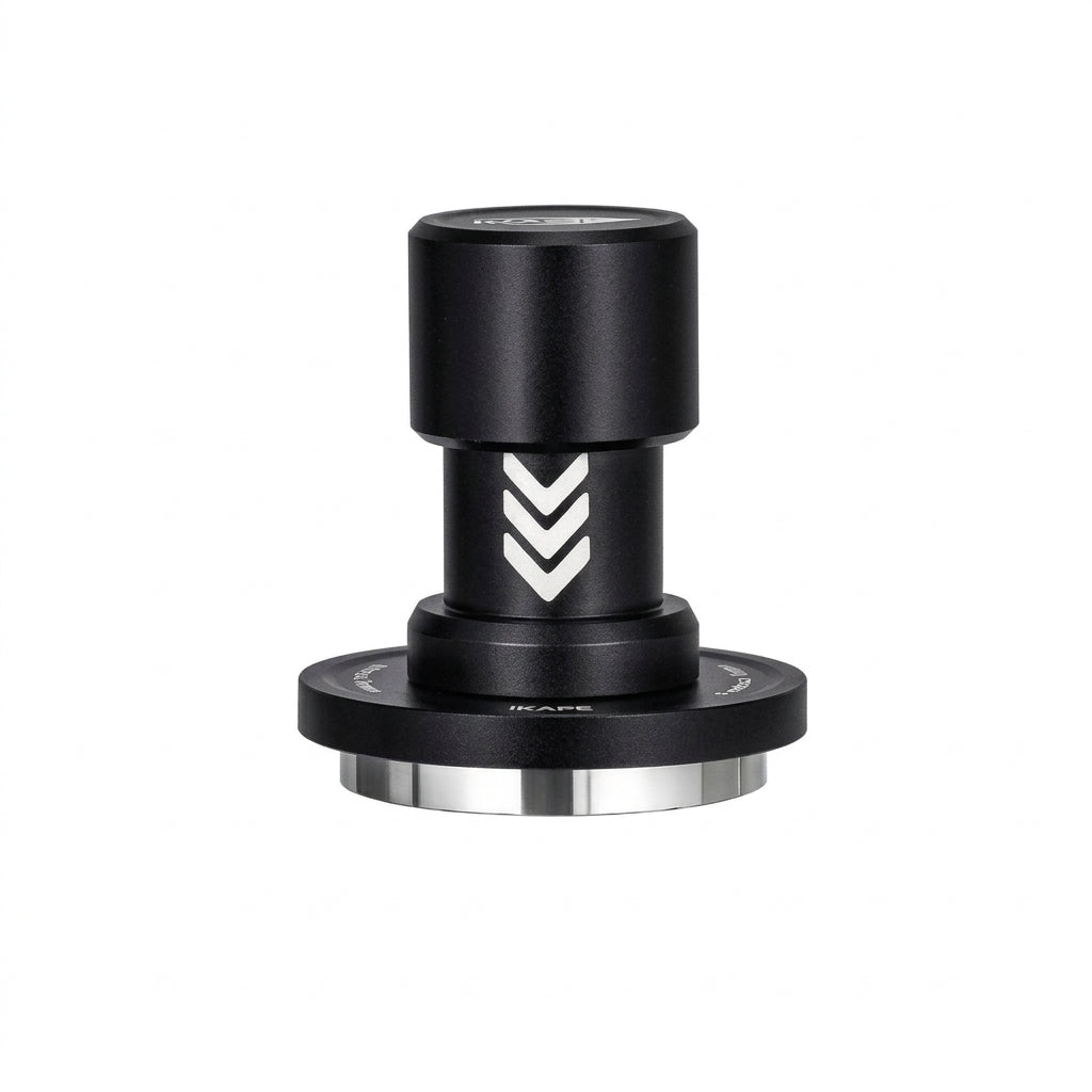 IKAPE calibrated impact espresso tamper with matte black handle and steel base