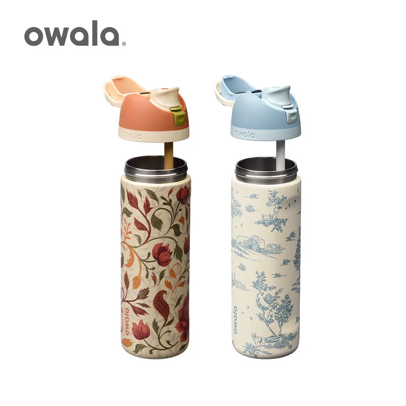 Owala FreeSip bottles in two autumn prints with lids removed