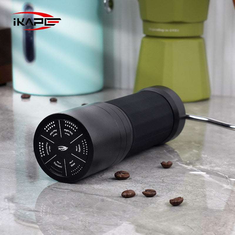 IKAPE Manual Coffee Grinder with adjustable grind settings and wooden handle on a white background