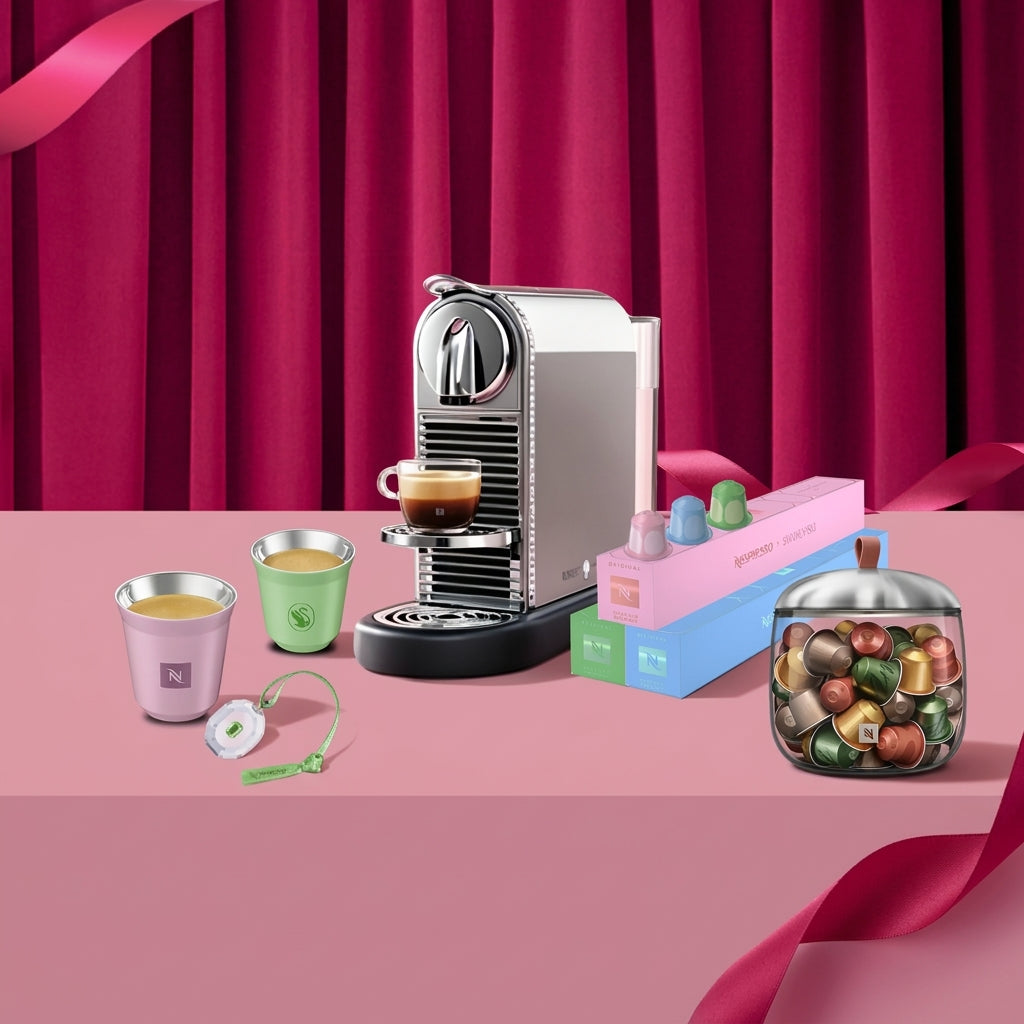 Nespresso Citiz Swarovski Edition promotional banner with machine and gift set including cups and storage jar