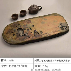 Handcrafted natural stone tea tray with carved She Yan Gongfu tea board and traditional motifs