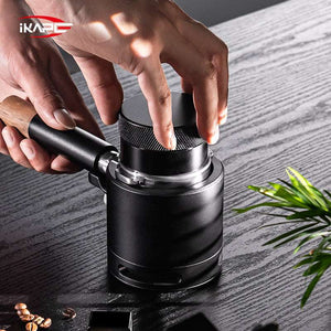 IKAPE Adaptive Gravity espresso coffee distributor with stainless steel base and ergonomic aluminum grip for even coffee bed leveling