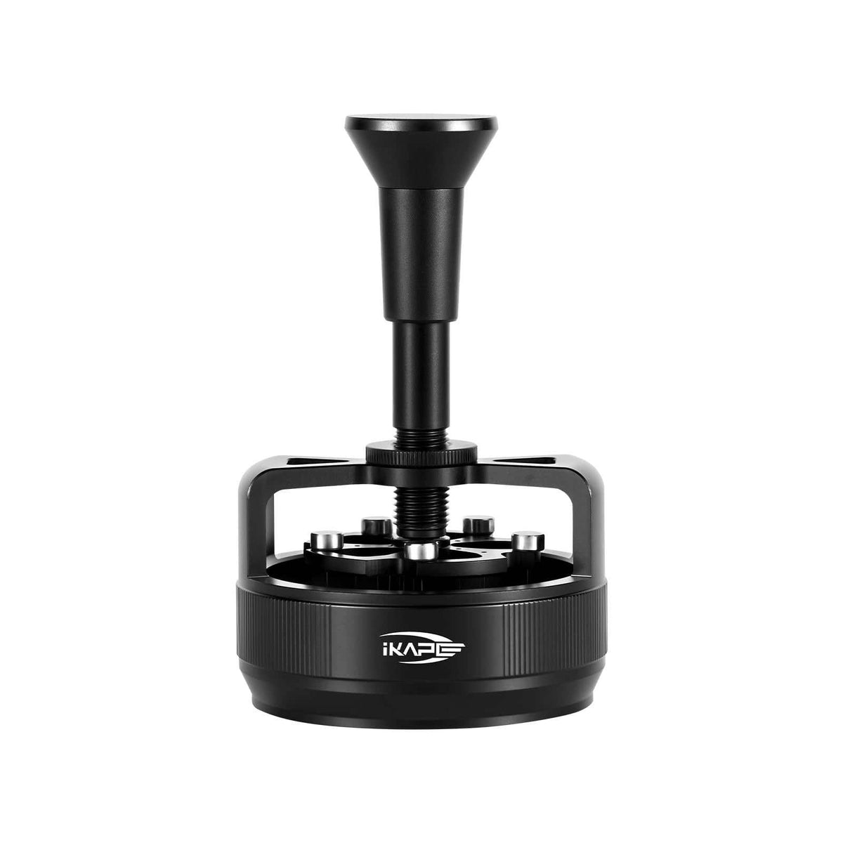 IKAPE Auto-Rotating Needle Espresso Distribution Tool with matte black aluminum body and adjustable stainless steel needles for even espresso puck preparation
