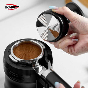 IKAPE Espresso Distributor rotary coffee leveler with stainless steel base and wooden handle on white background