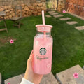 Starbucks Cherry Blossom Cat Glass Cup with Straw and Lid, 500 ml, Pink or Purple