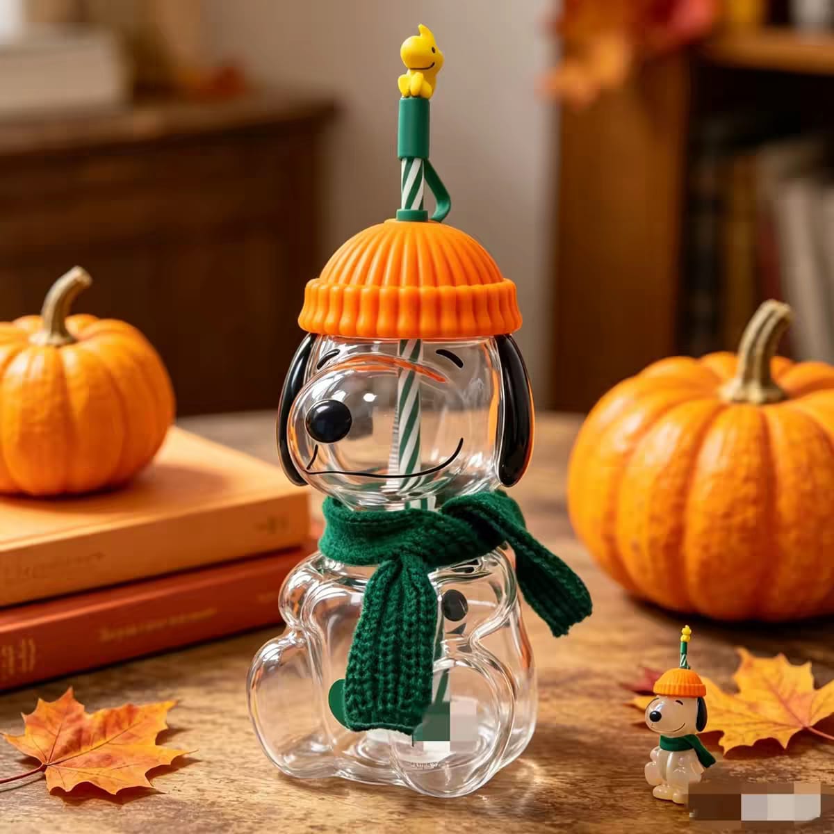 Starbucks Snoopy Glass Cold Cup, Orange Beanie and Woodstock Straw