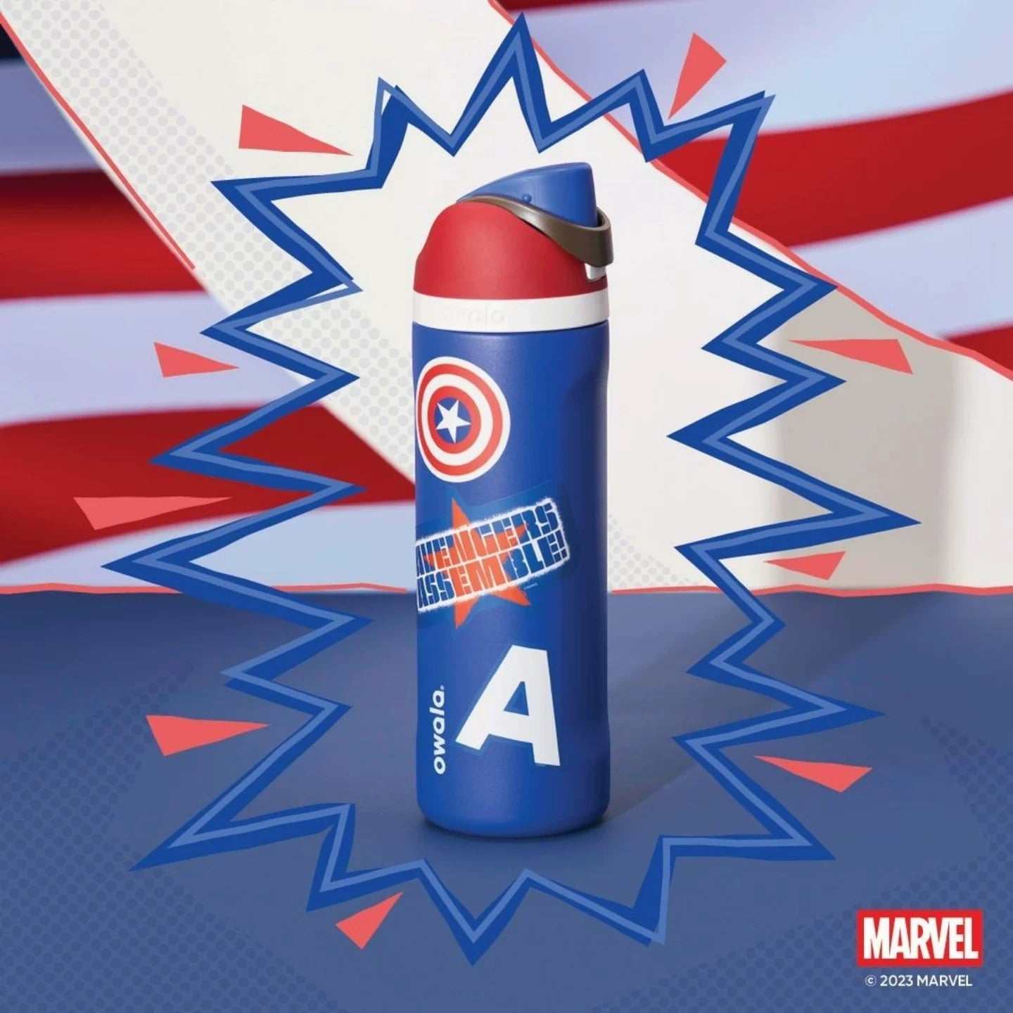 Owala 24oz FreeSip Water Bottle with Marvel superhero designs and stickers