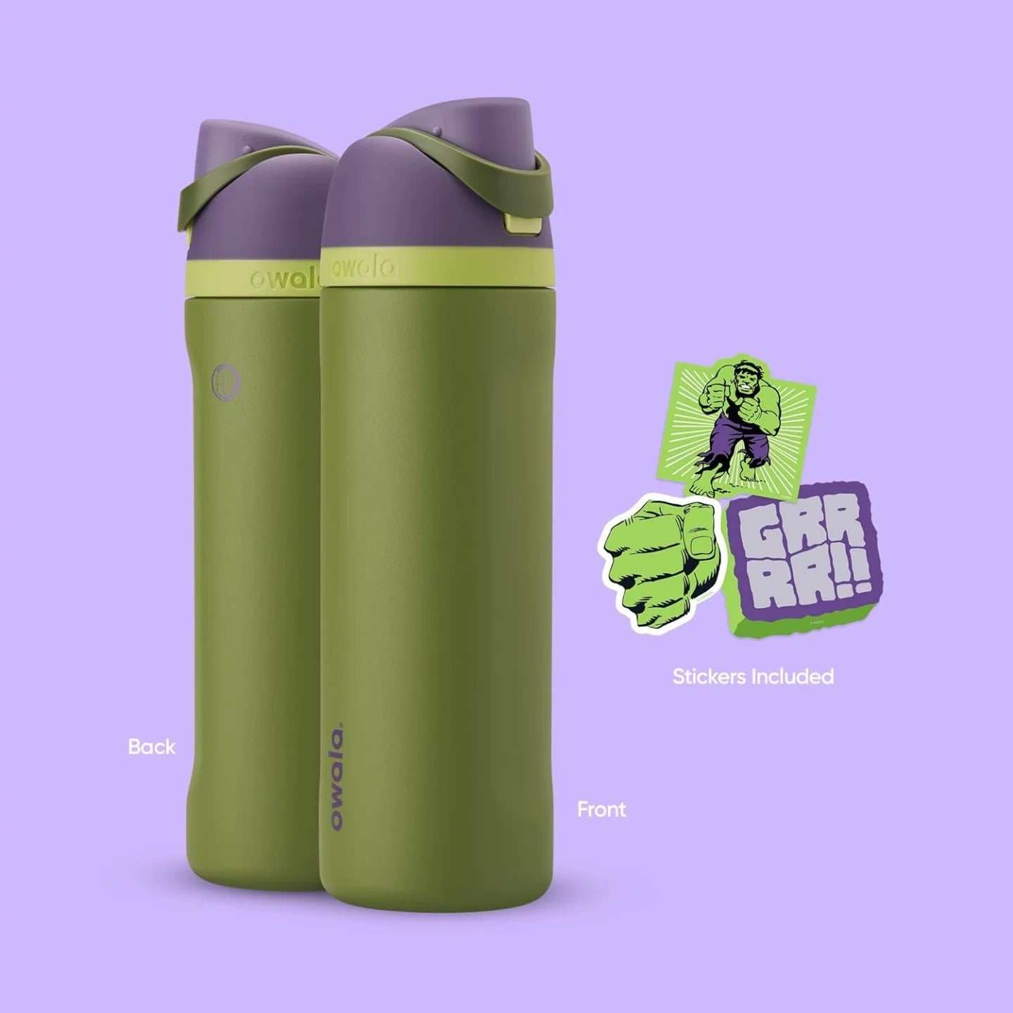 Owala 24oz FreeSip Water Bottle with Marvel superhero designs and built-in carry loop