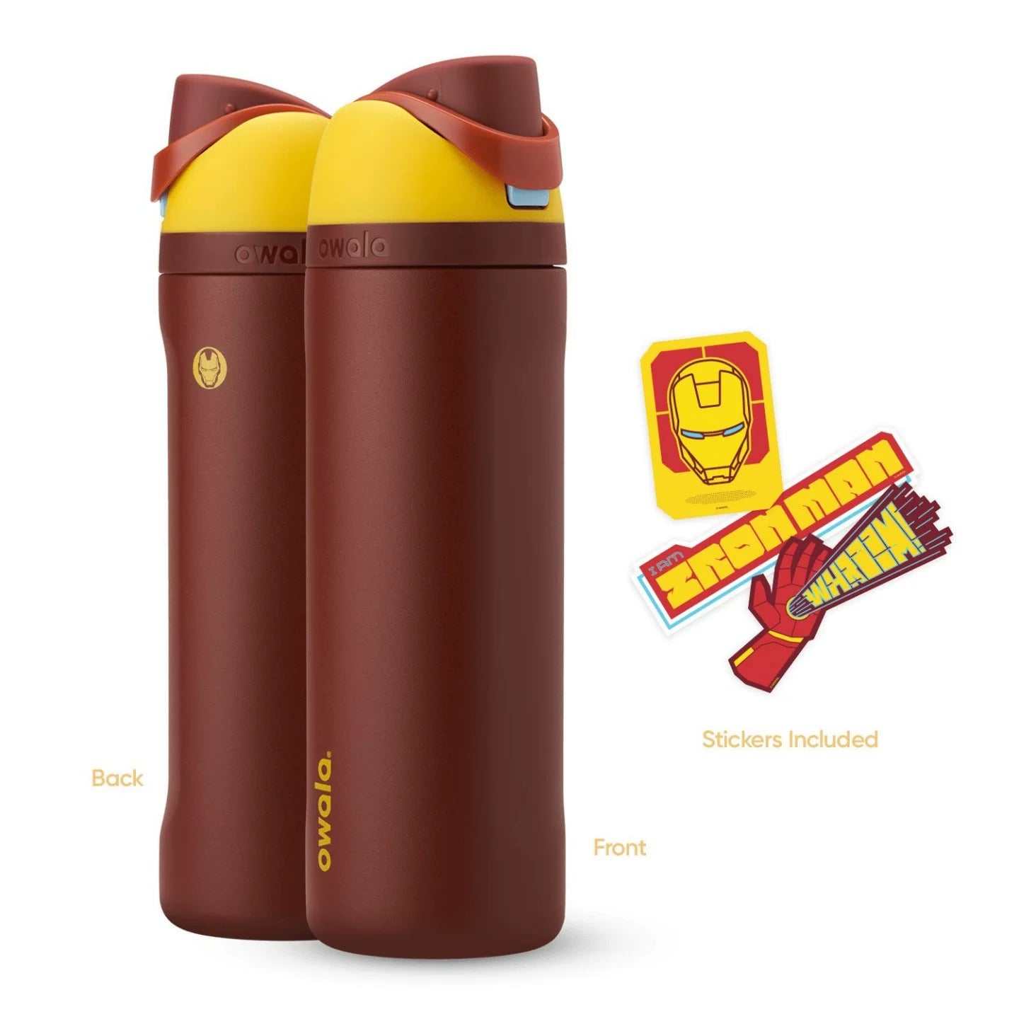 Owala 24oz FreeSip water bottle with Marvel superhero designs and protective lid
