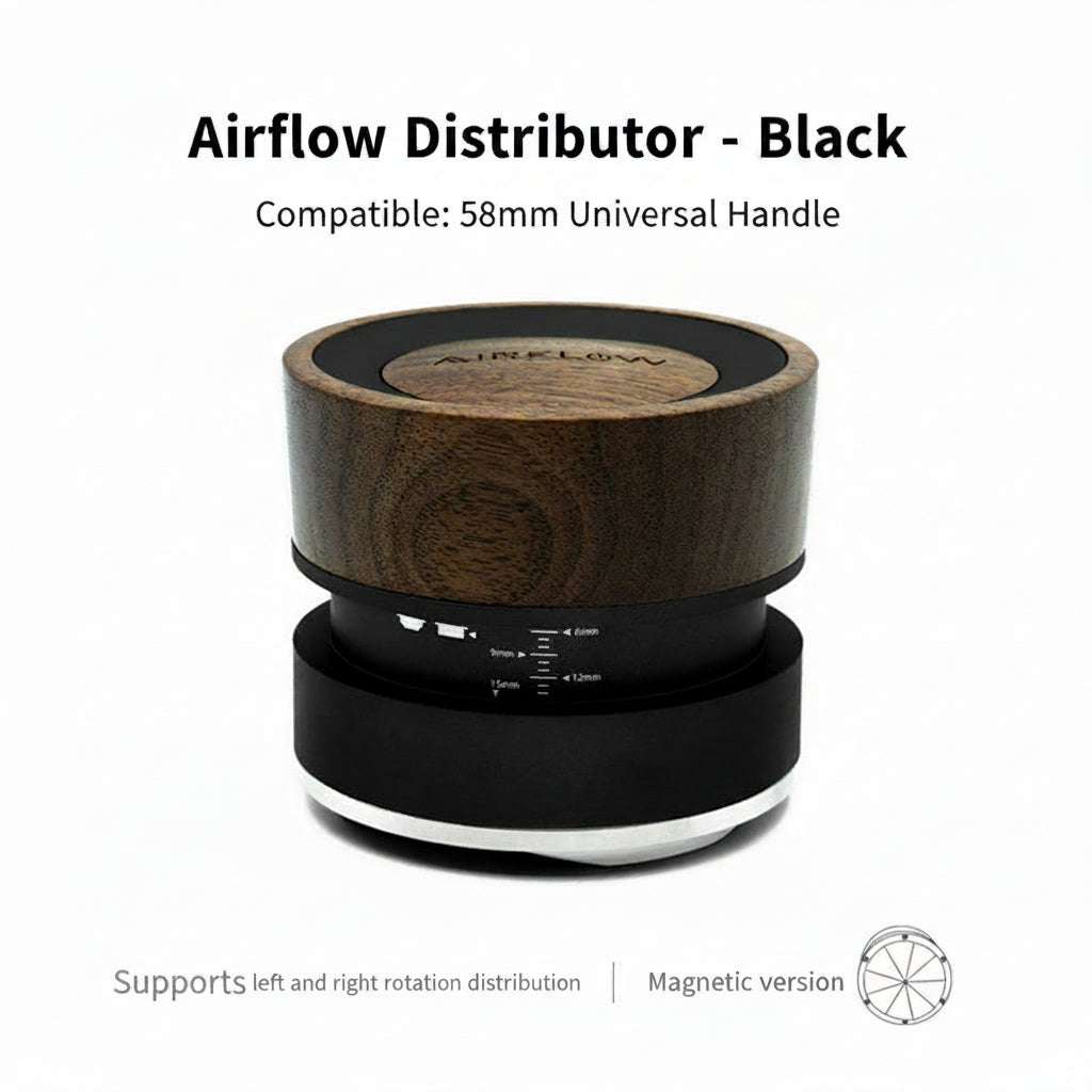 Adjustable 58mm espresso coffee distributor with walnut wood top