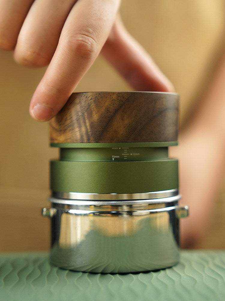 adjustable 58mm espresso distributor with walnut wood top