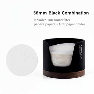 AIRFLOW espresso filter paper holder with anodized aluminum and walnut wood base