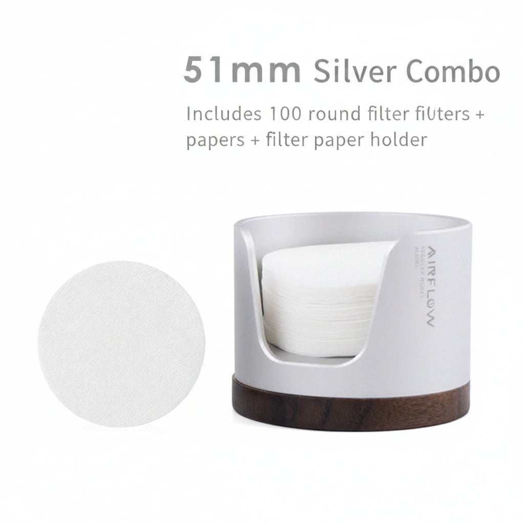 Airflow espresso filter paper holder with anodized aluminum and walnut wood base