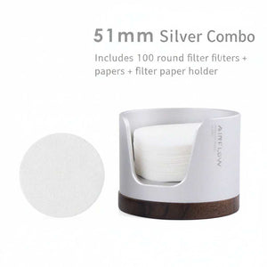 Airflow espresso filter paper holder with anodized aluminum and walnut wood base