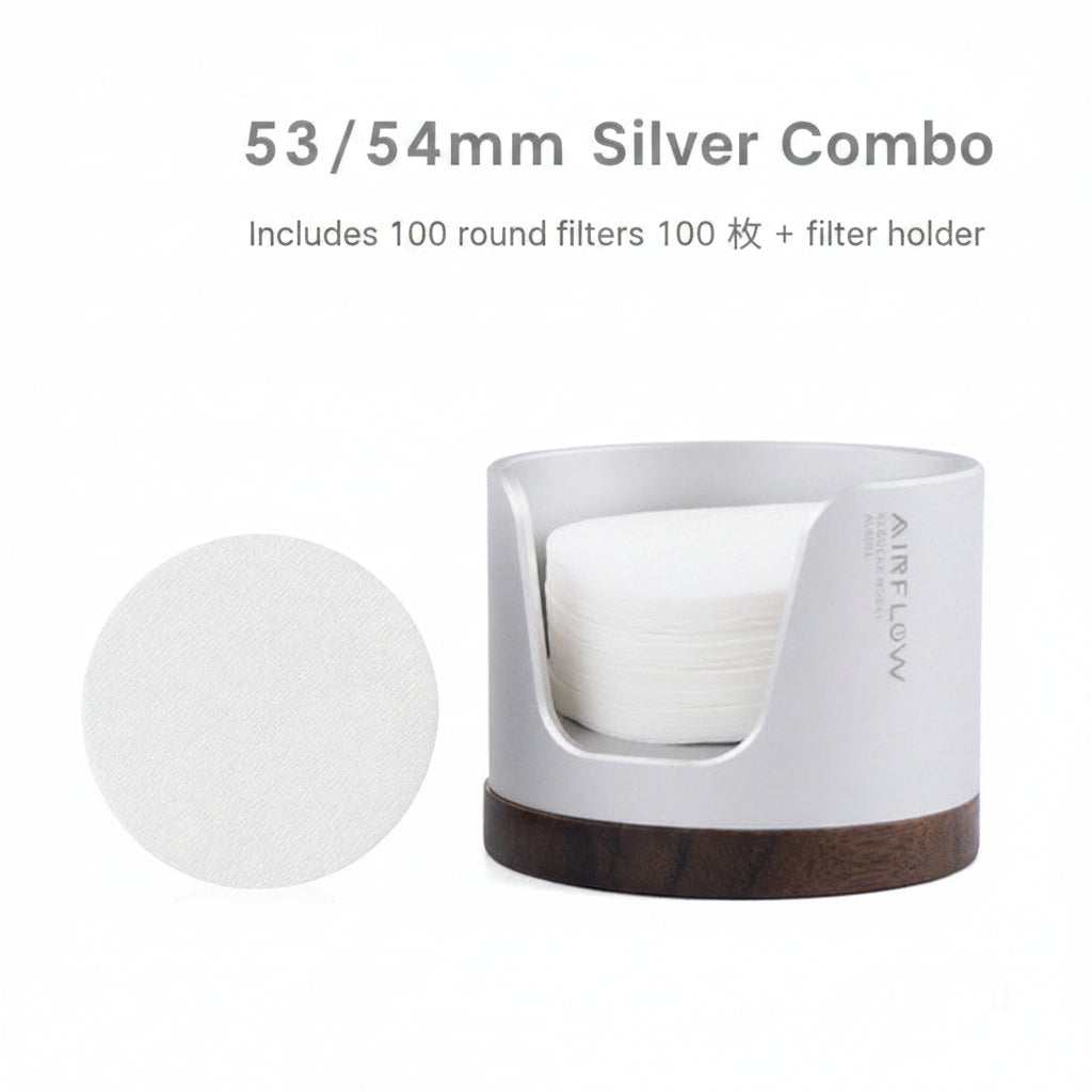 Airflow espresso filter paper holder with anodized aluminum body and walnut wood base