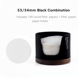 Airflow espresso filter paper holder with anodized aluminum and walnut wood base