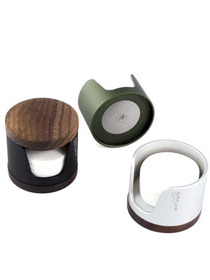 Airflow espresso filter paper holder with anodized aluminum and walnut base