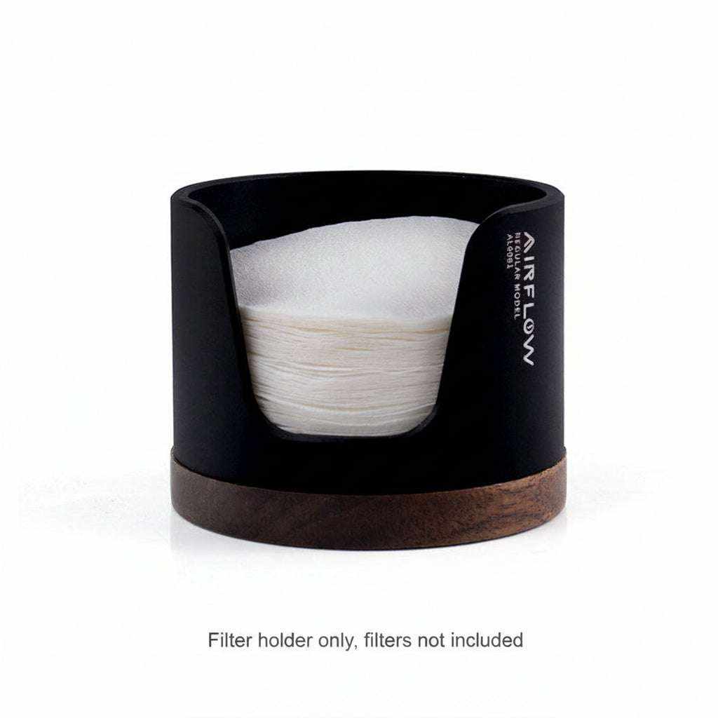Airflow espresso filter paper holder with anodized aluminum and walnut wood base
