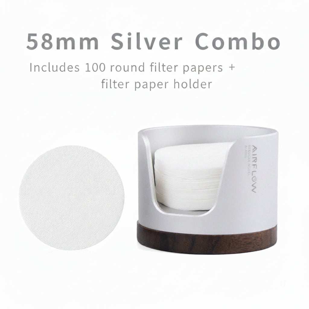 Airflow espresso filter paper holder with anodized aluminum and walnut base