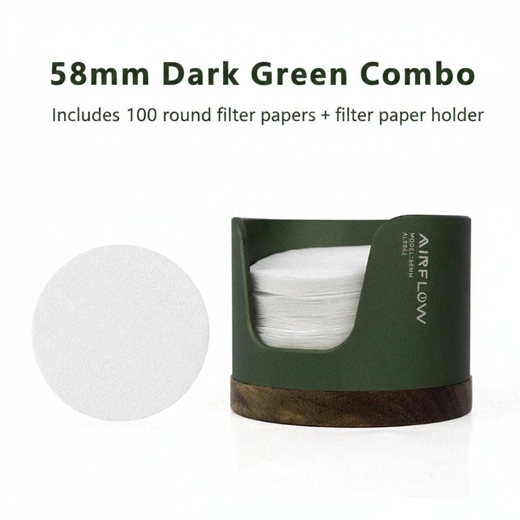 Airflow espresso filter paper holder with walnut wood base for coffee station