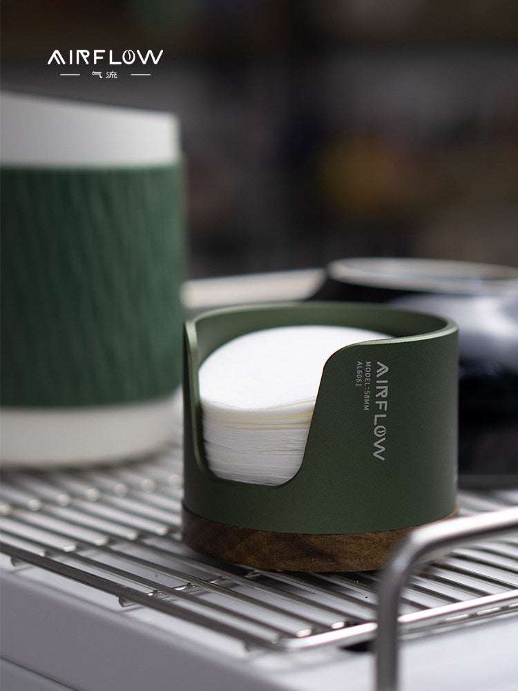 Airflow espresso filter paper holder with anodized aluminum and walnut wood base
