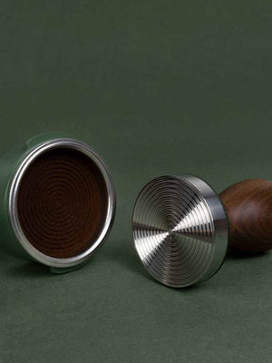AIRFLOW 58.5mm espresso tamper with walnut wood handle and stainless steel base