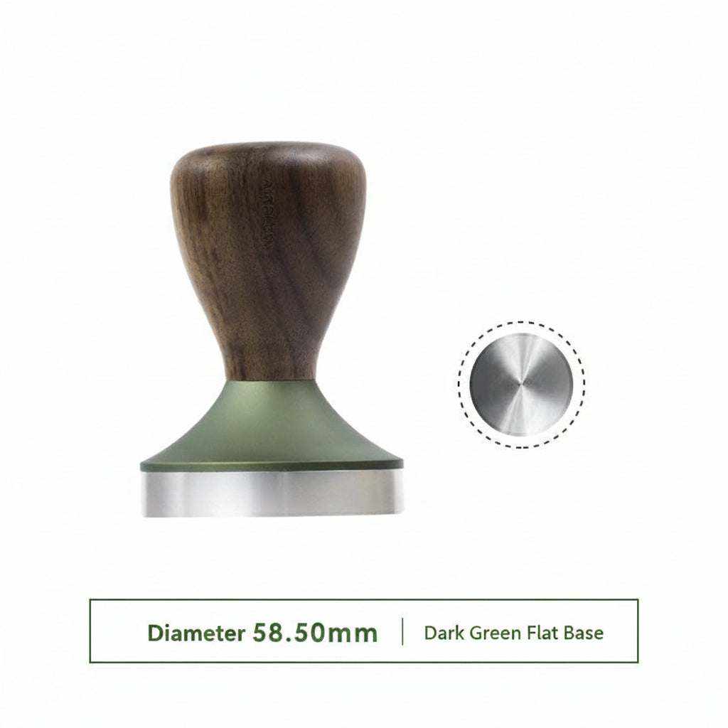 AIRFLOW 58.5mm espresso tamper with walnut wood handle and stainless steel base