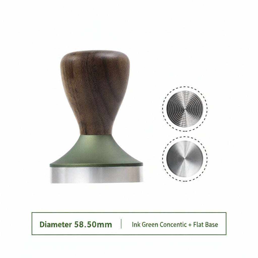 AIRFLOW 58.5mm espresso tamper with walnut wood handle and stainless steel base