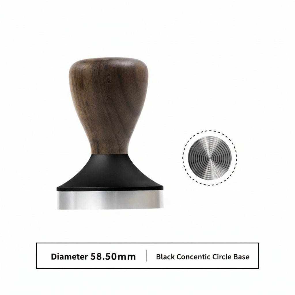 AIRFLOW espresso tamper with walnut wood handle and 58.5mm stainless steel base