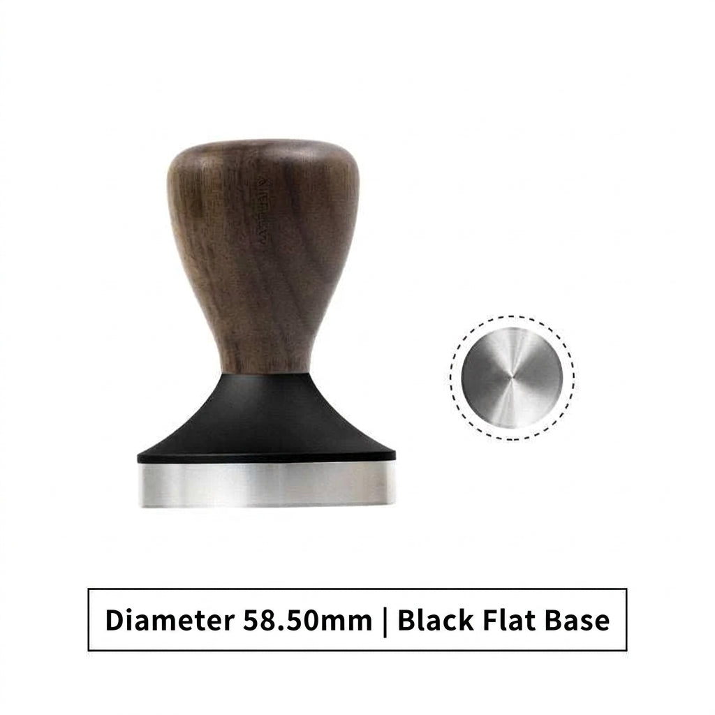 AIRFLOW wood handle espresso tamper with a 58.5mm stainless steel face