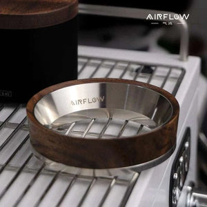 AIRFLOW walnut wood and steel magnetic espresso dosing ring on white background