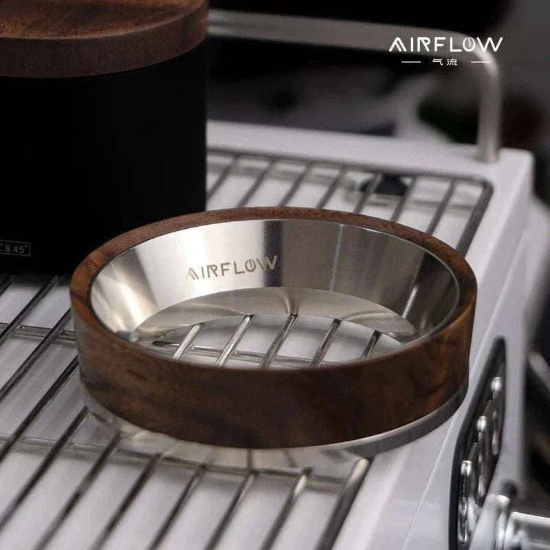 AIRFLOW walnut wood and steel magnetic espresso dosing ring on white background