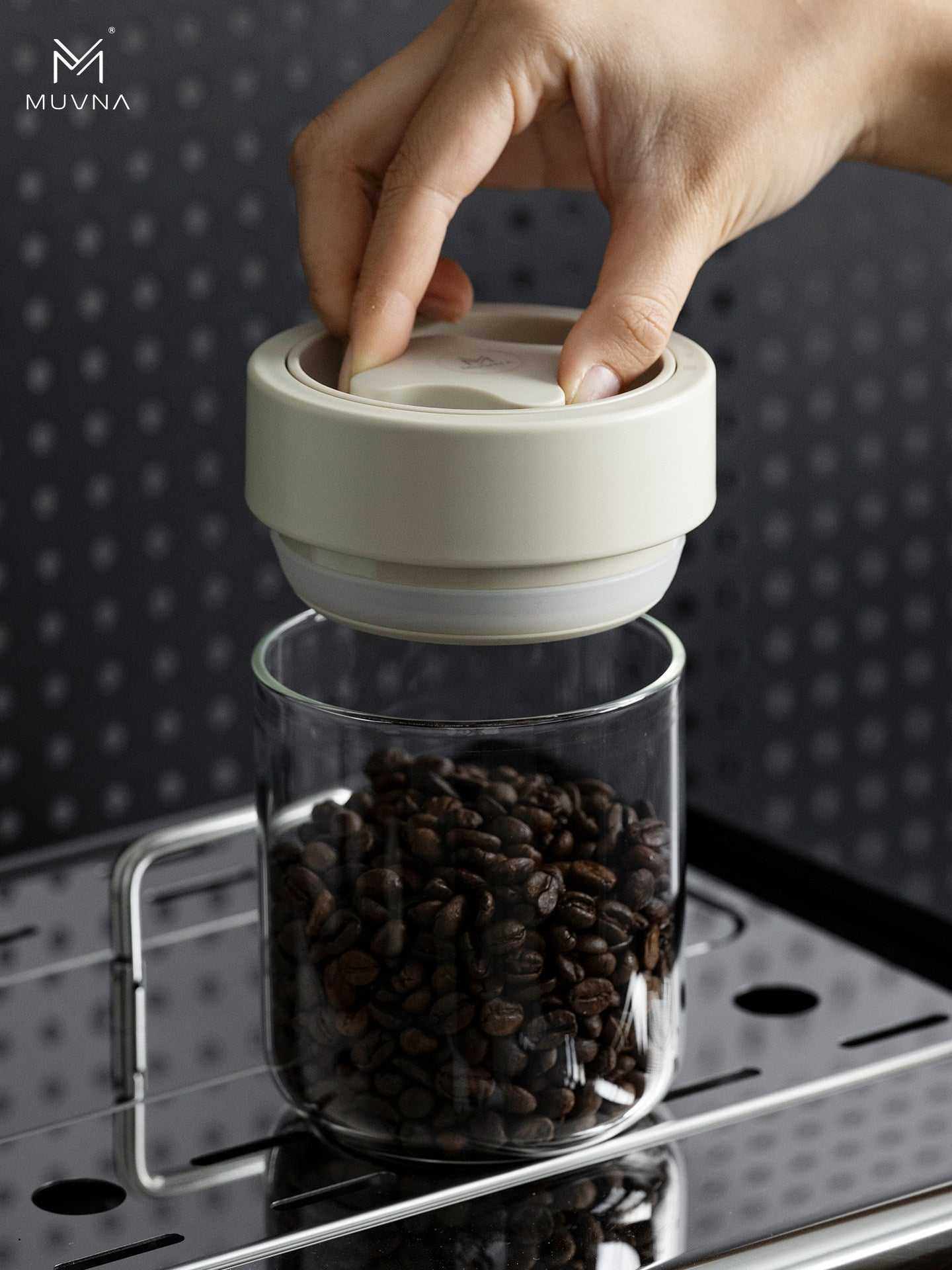 MUVNA airtight glass coffee bean storage jar with cream lid