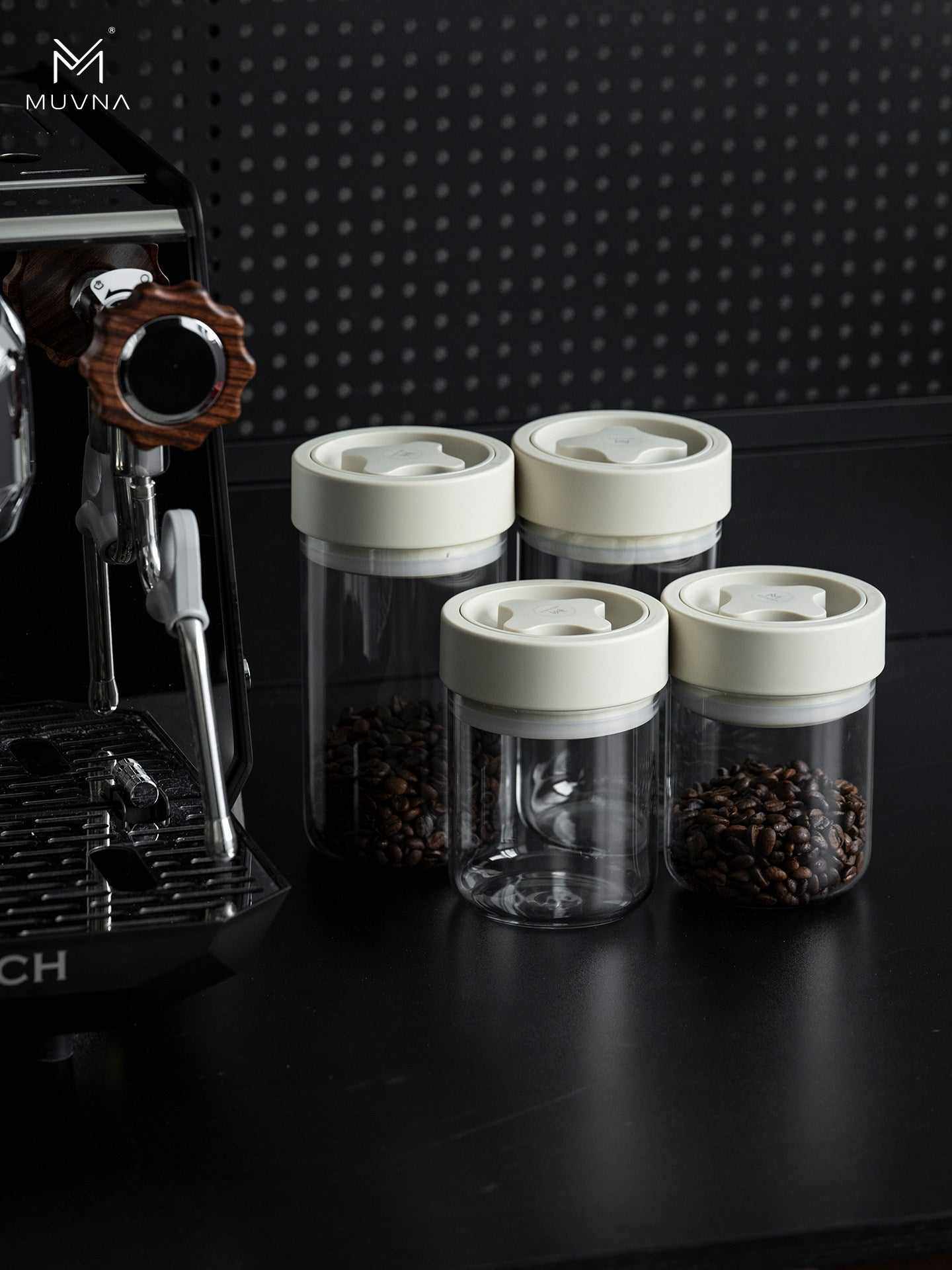 MUVNA airtight glass coffee bean storage jar with rotary sealed lid