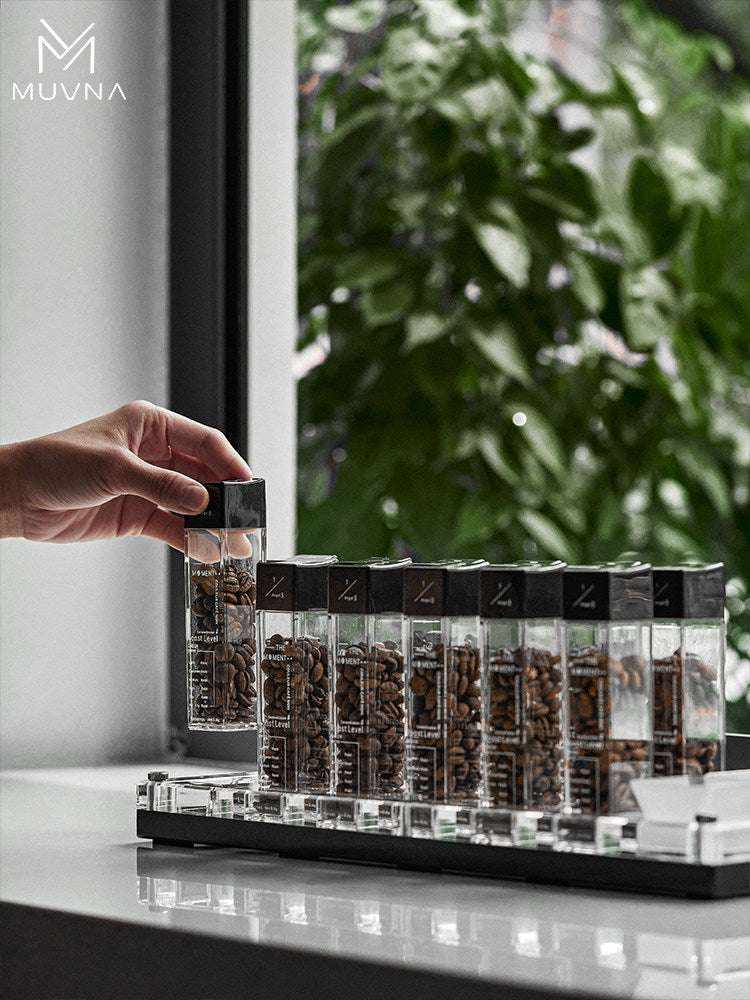 MUVNA airtight single dose coffee bean storage tubes with wooden and acrylic bases