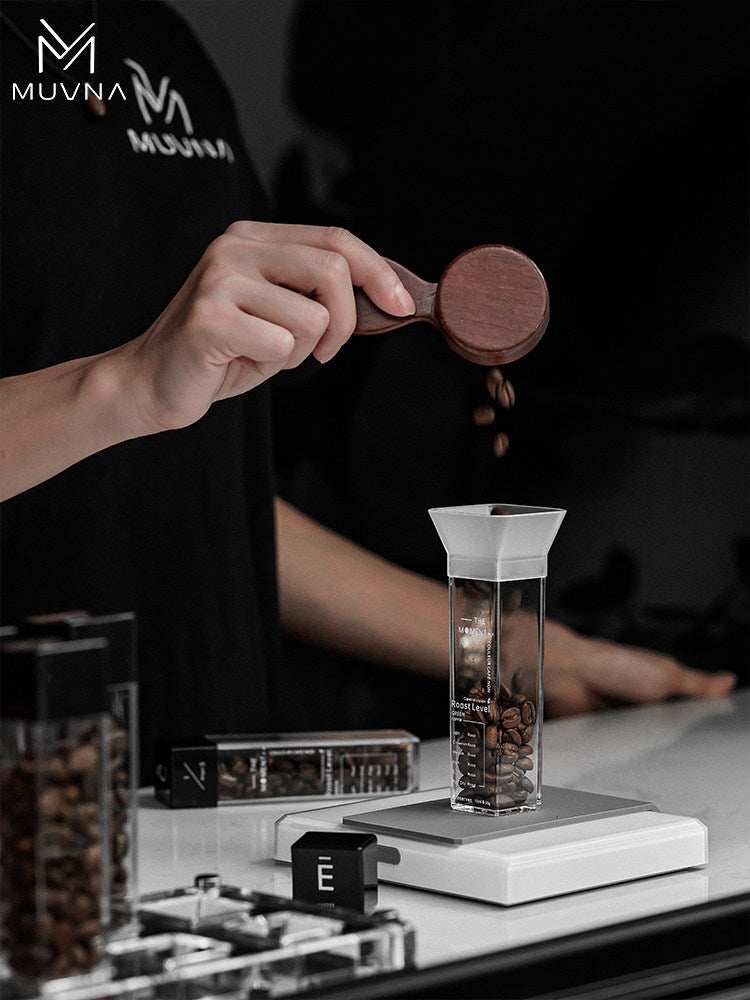 MUVNA airtight single dose coffee bean storage tubes with clear acrylic and wood bases