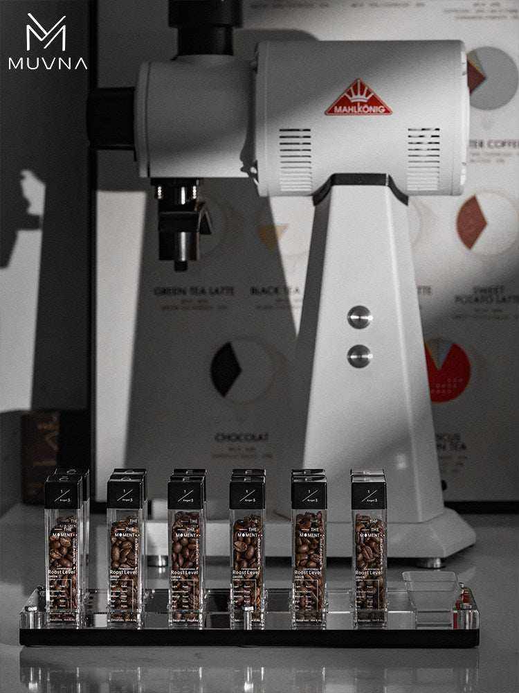 MUVNA airtight single dose coffee bean storage tubes with clear acrylic and wood bases