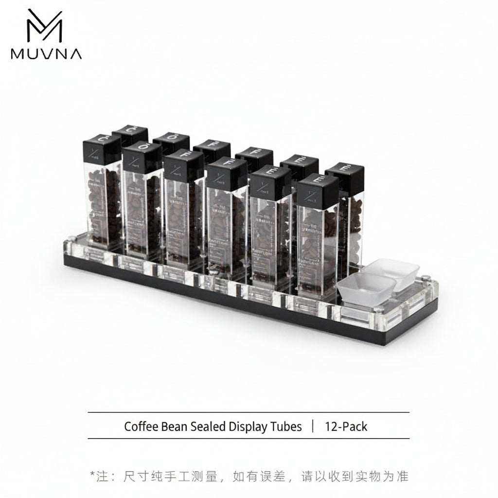 MUVNA airtight single dose coffee bean storage tubes with clear acrylic and wood bases
