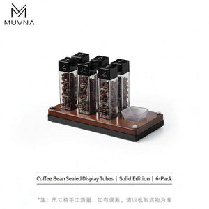MUVNA airtight single dose coffee bean storage tubes with clear acrylic and wooden bases