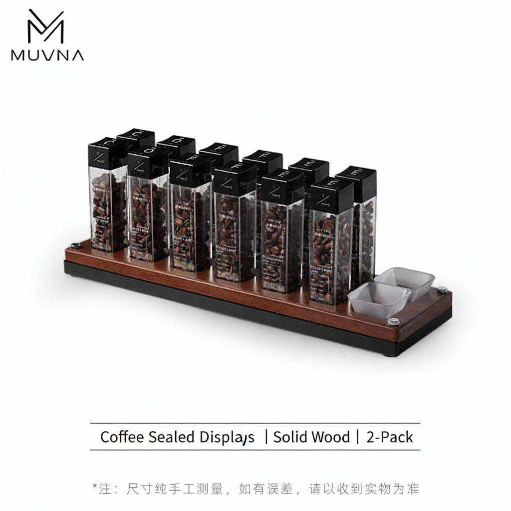 MUVNA airtight single dose coffee bean storage tubes with clear acrylic and wood bases