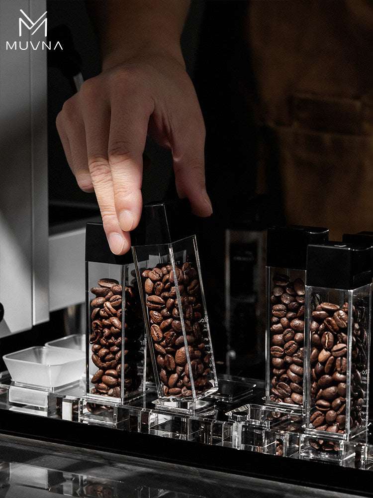 MUVNA airtight single dose coffee bean storage tubes with clear acrylic design and wood base