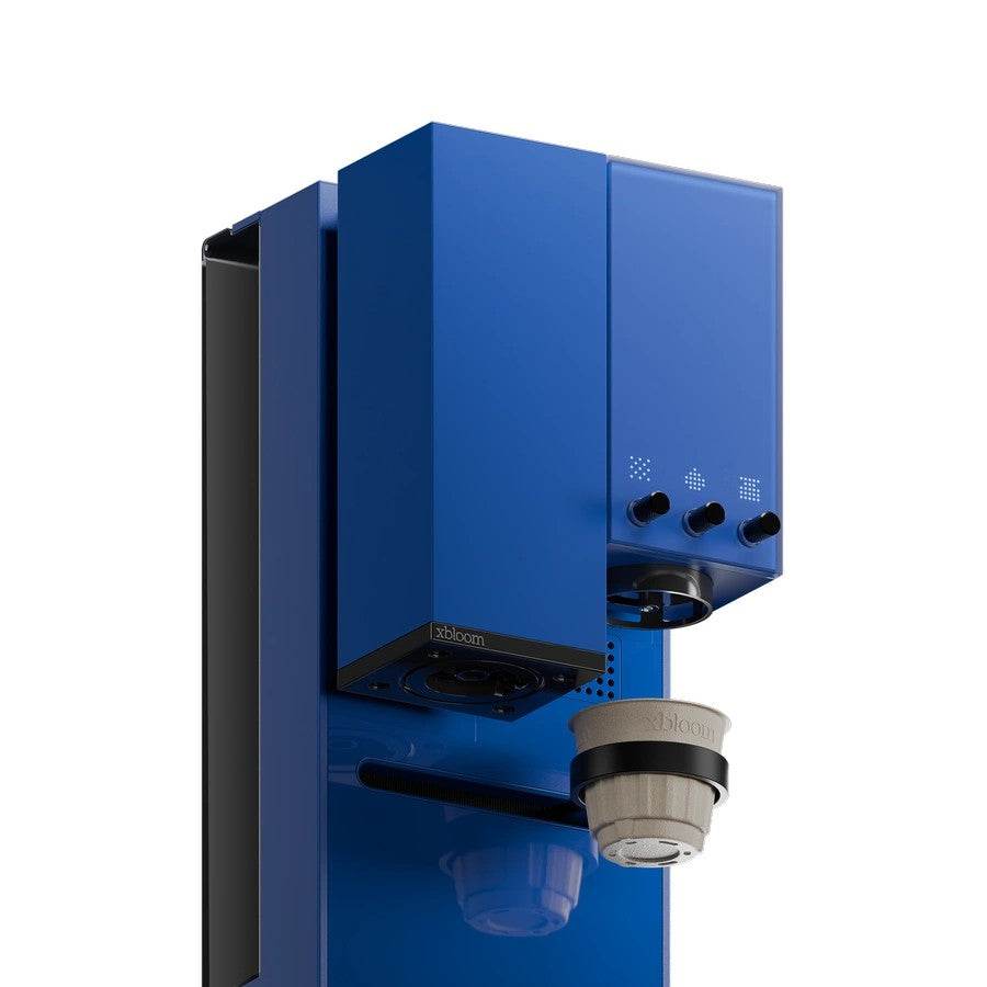 xBloom Studio in blue, close-up of the upper body with the side knobs and cone holder