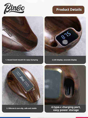 Bincoo electronic coffee bean dosing tray with digital LED scale in wood grain