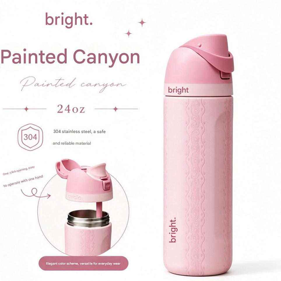 Bright 24oz stainless steel water bottle in soft pink Painted Canyon finish with flip lid and straw